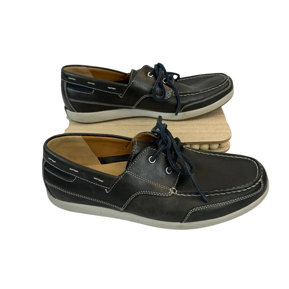 Clarks Boat Shoes 10M Black Leather Lace Up Moc Toe 30599